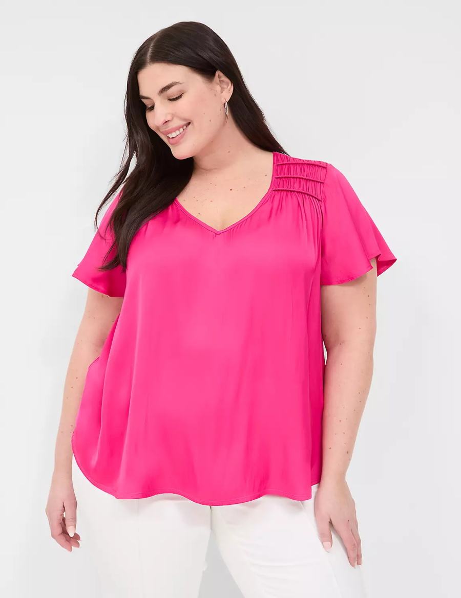 Women Lane Bryant Satin Smocked-Shoulder Blouse Pink | VUI6620ML