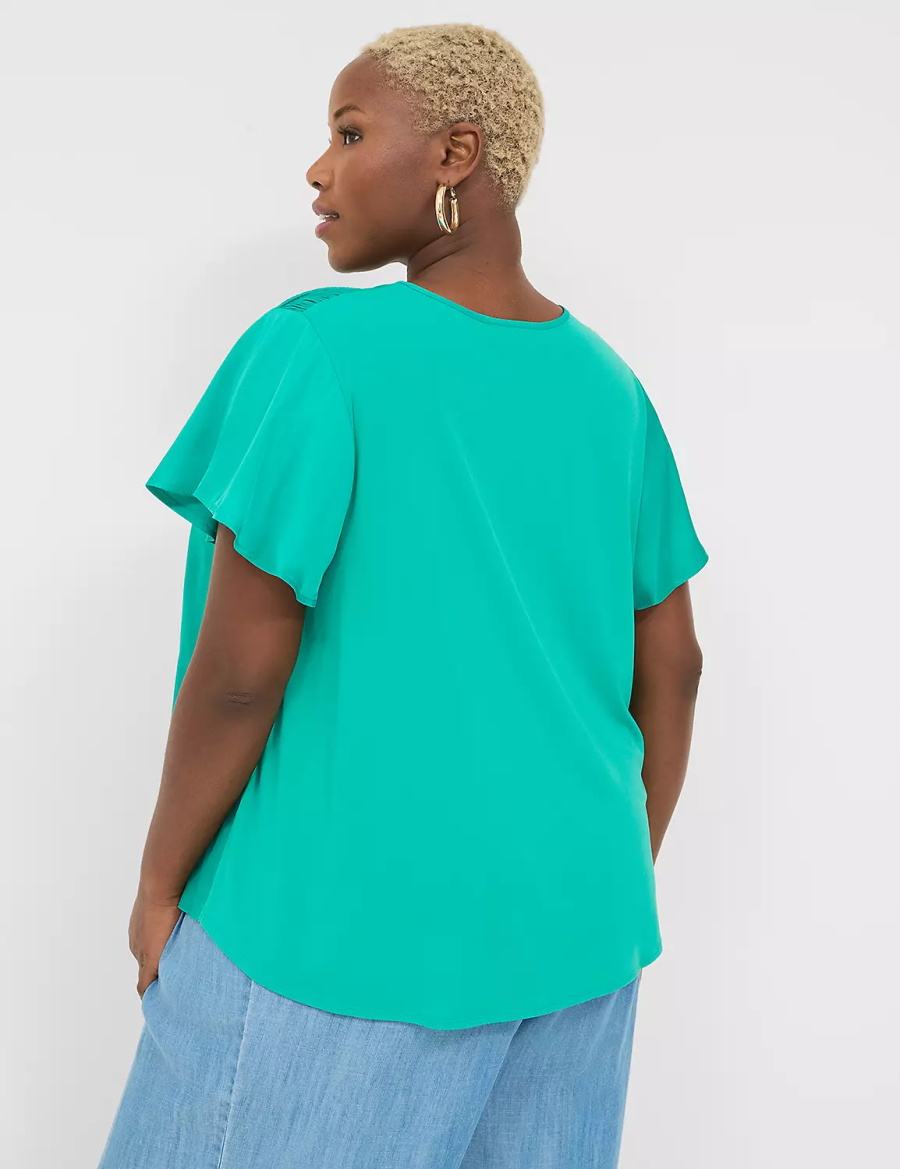 Women Lane Bryant Satin Smocked-Shoulder Blouse Light Turquoise | PWF358CN