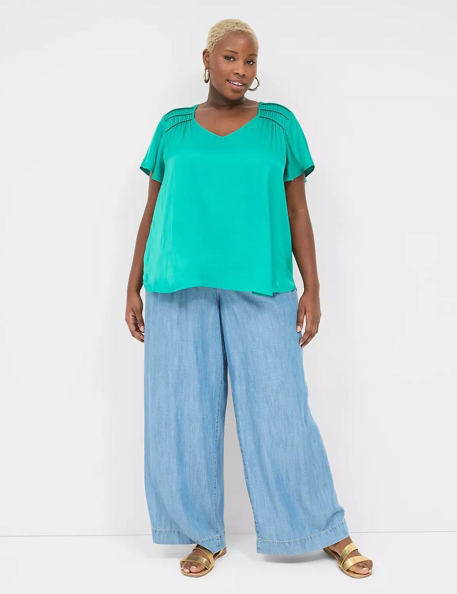 Women Lane Bryant Satin Smocked-Shoulder Blouse Light Turquoise | PWF358CN