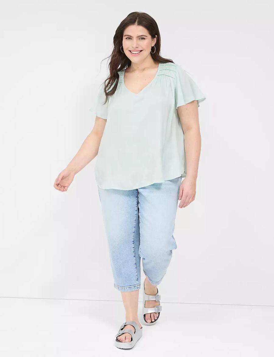 Women Lane Bryant Satin Smocked-Shoulder Blouse Light Green | QGB5140PG