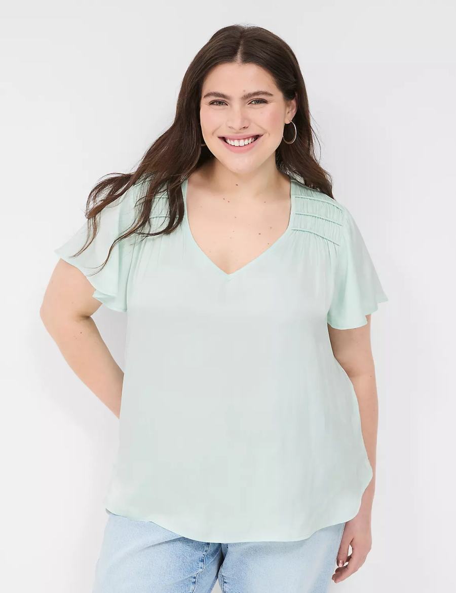 Women Lane Bryant Satin Smocked-Shoulder Blouse Light Green | QGB5140PG
