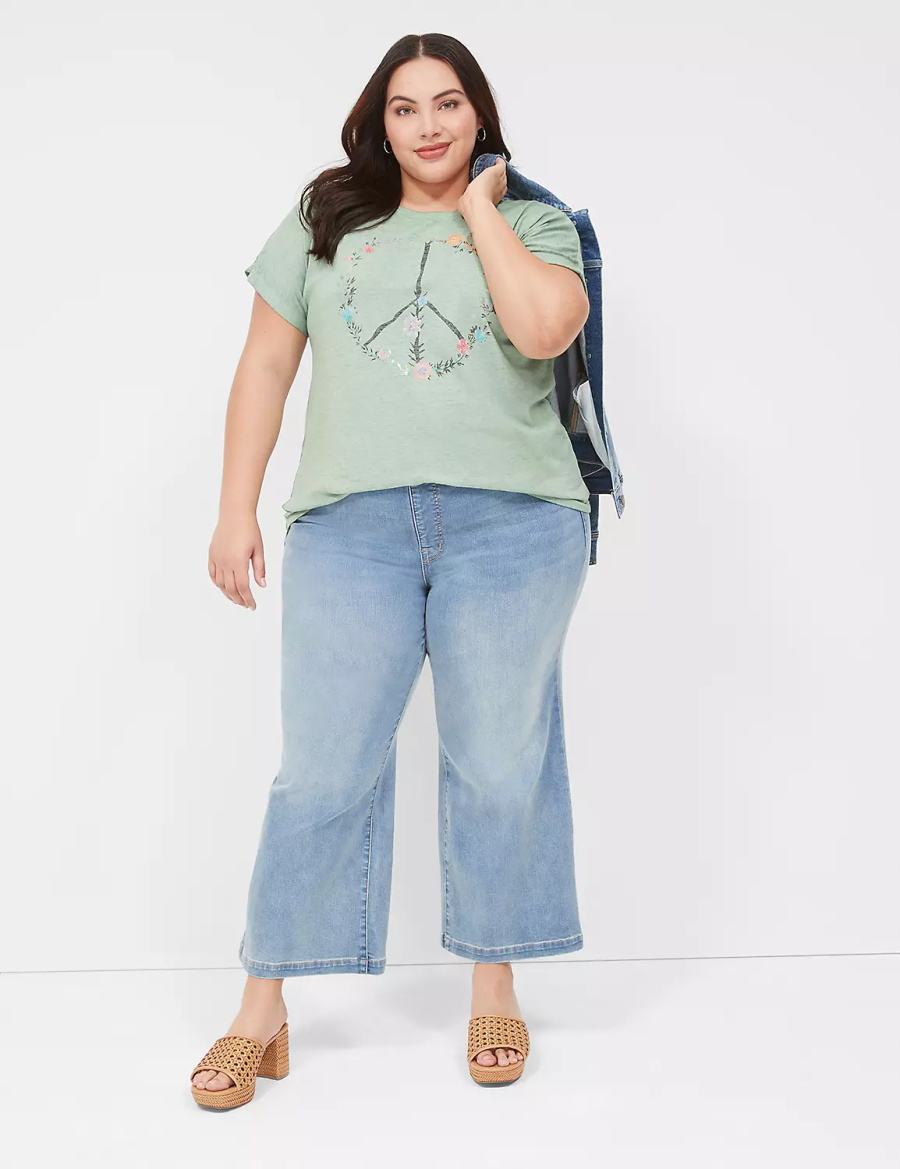 Women Lane Bryant Scoop-Neck Peace Flowers Graphic Tee T Shirts Light Green | IWH64100WT