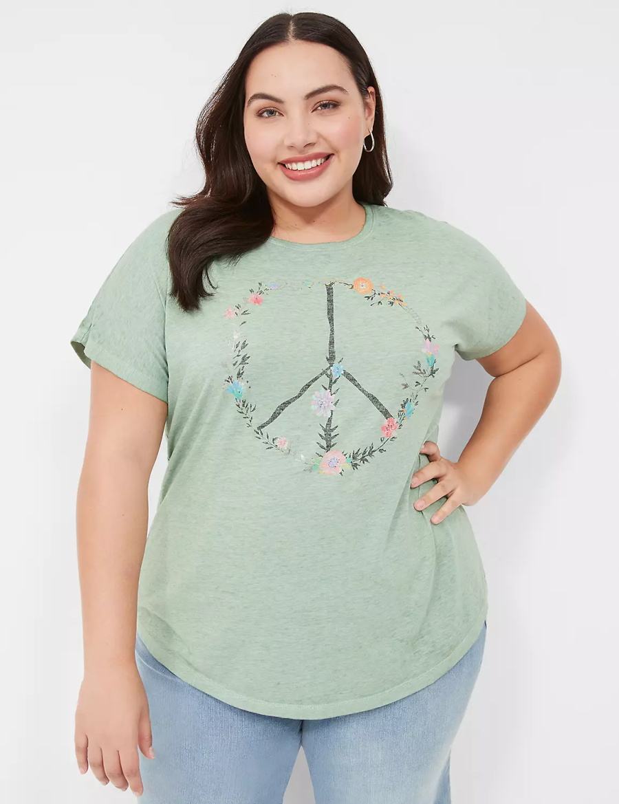Women Lane Bryant Scoop-Neck Peace Flowers Graphic Tee T Shirts Light Green | IWH64100WT
