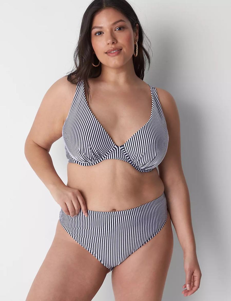 Women Lane Bryant Seersucker High-Leg Cheeky Swim Bikini Bottom Blue | RVT629WS