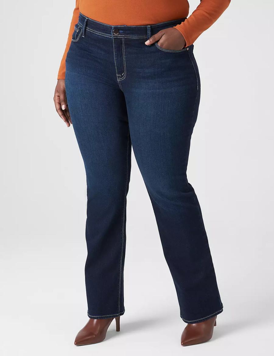 Women Lane Bryant Seven7 Boot With Back Pocket Embroidery Jeans Dark Blue | IOK1029UL