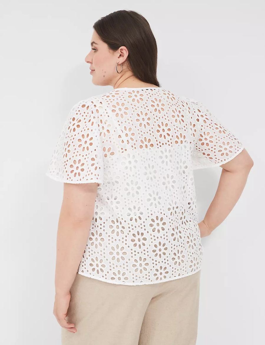 Women Lane Bryant Sheer Flutter-Sleeve Eyelet Top T Shirts White | TAZ5048KN