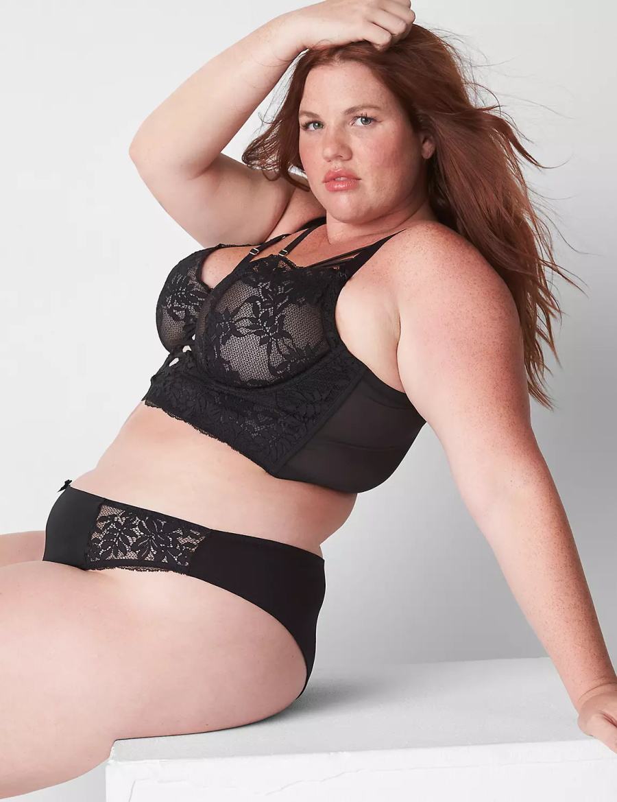 Women Lane Bryant Sheer Lace Unlined Longline Balconette Bra Black | EIN2687OR
