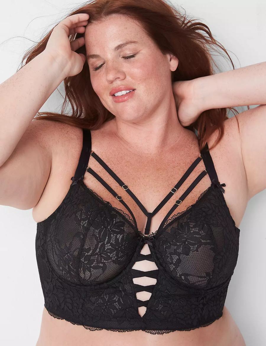 Women Lane Bryant Sheer Lace Unlined Longline Balconette Bra Black | EIN2687OR