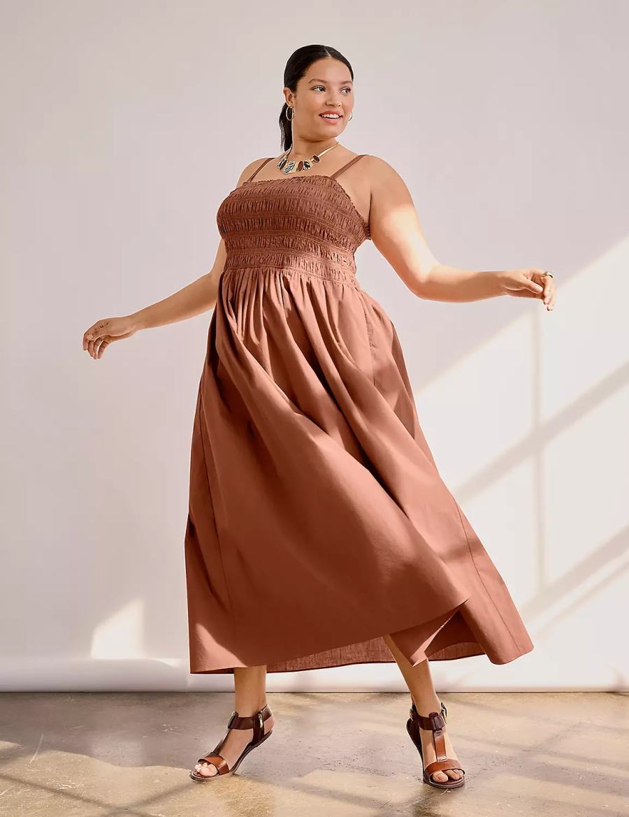 Women Lane Bryant Shirred-Bodice Square-Neck Maxi Dress Brown | JSK3278RM