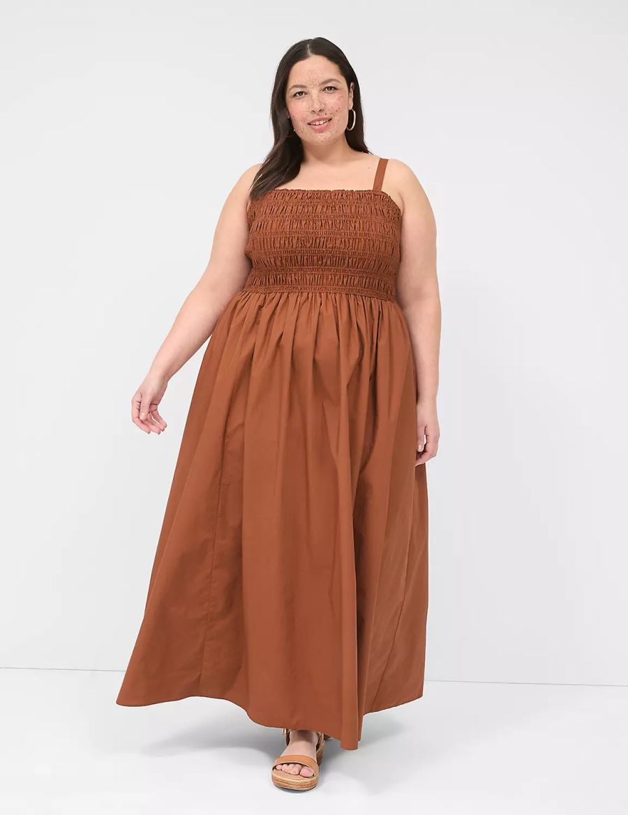 Women Lane Bryant Shirred-Bodice Square-Neck Maxi Dress Brown | JSK3278RM