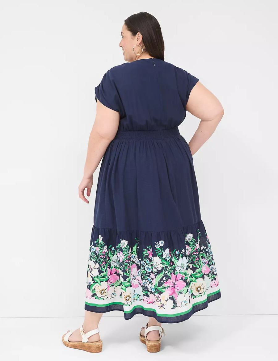 Women Lane Bryant Shirred-Shoulder Double-Waist Maxi Dress Dark Blue | JJU2852NG