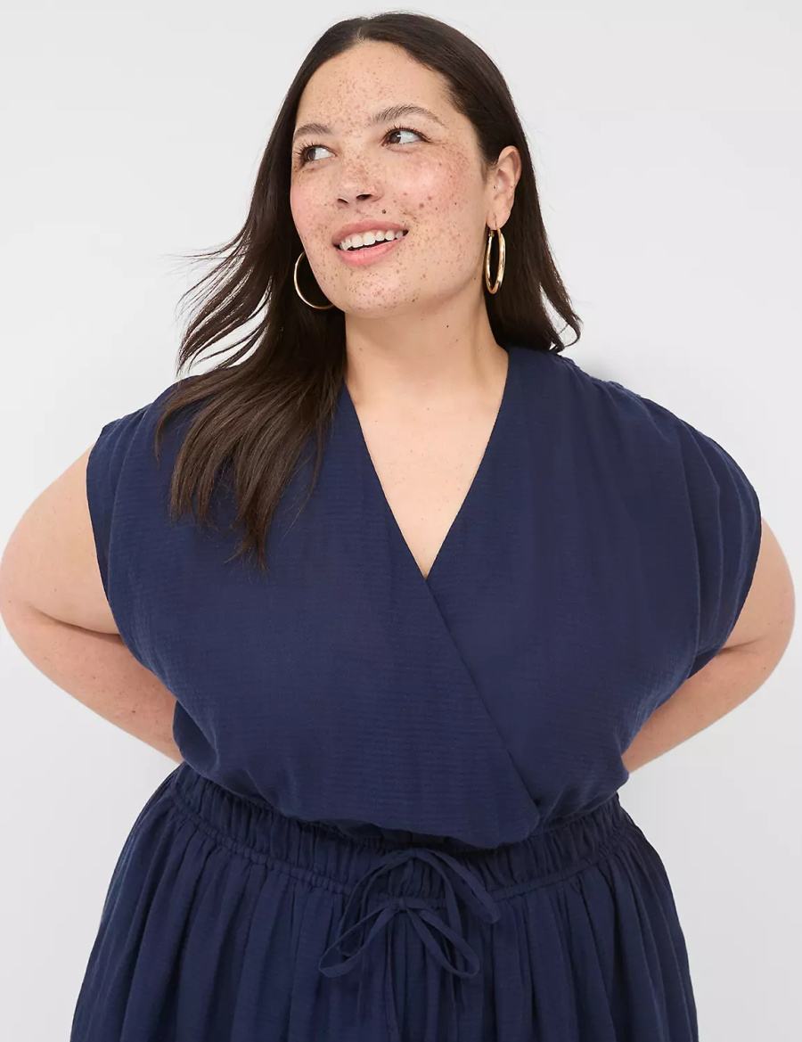 Women Lane Bryant Shirred-Shoulder Double-Waist Maxi Dress Dark Blue | JJU2852NG