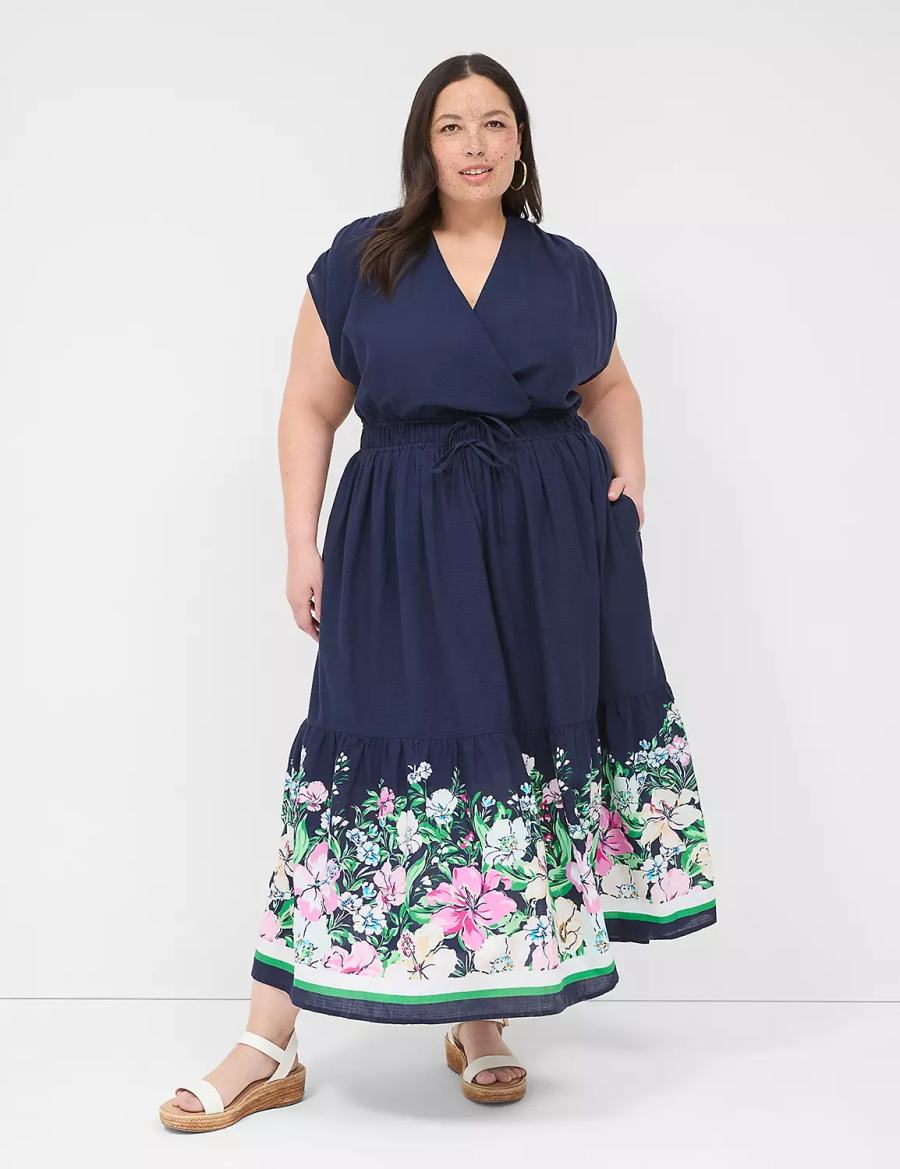 Women Lane Bryant Shirred-Shoulder Double-Waist Maxi Dress Dark Blue | JJU2852NG