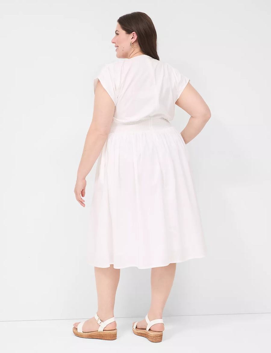 Women Lane Bryant Shirred-Shoulder Smocked-Waist Midi Dress White | GOI2937GY