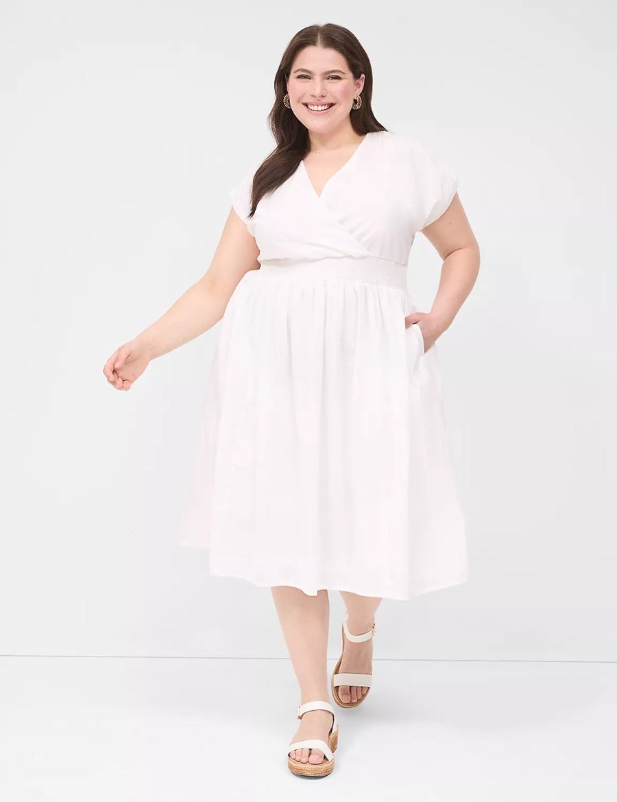Women Lane Bryant Shirred-Shoulder Smocked-Waist Midi Dress White | GOI2937GY