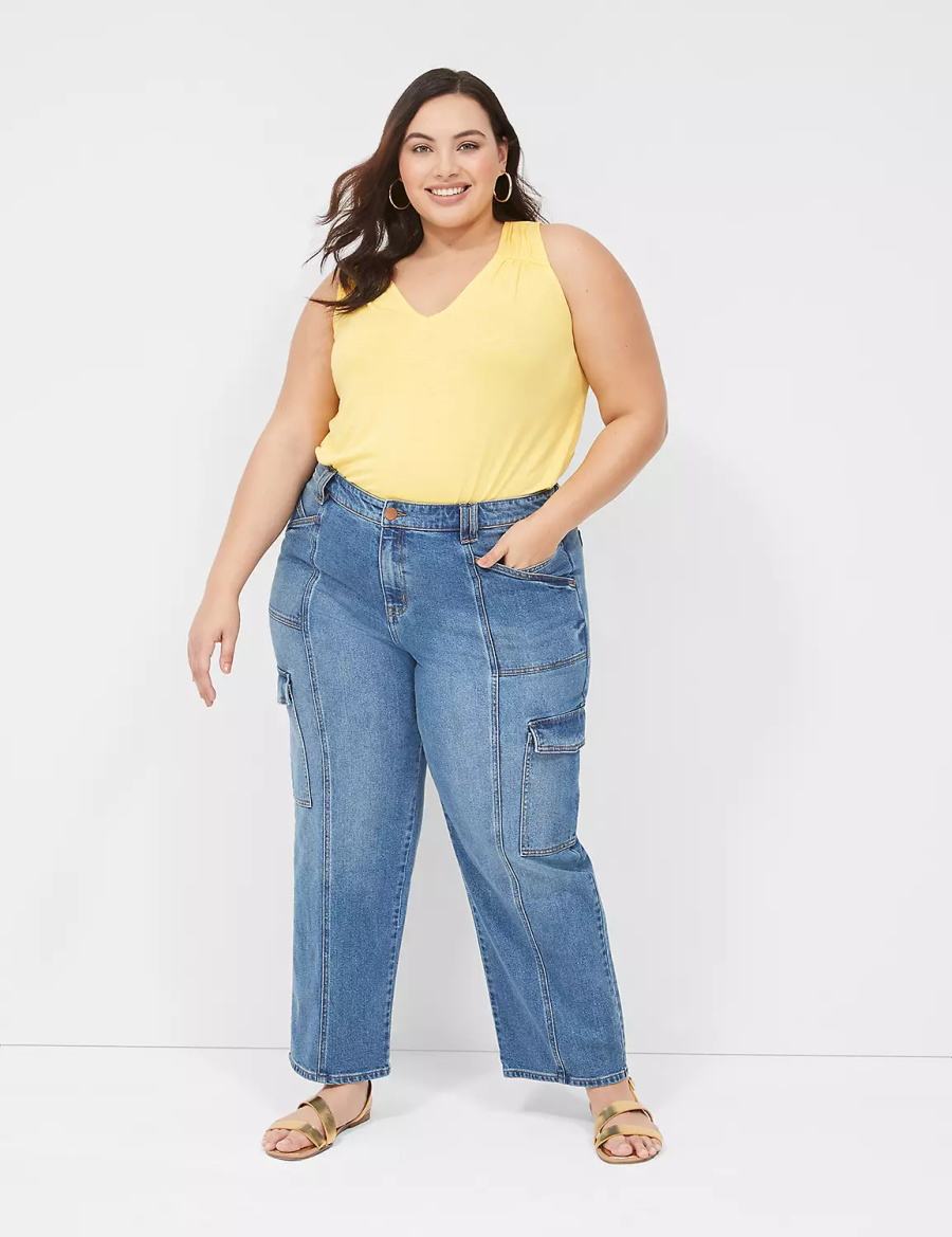 Women Lane Bryant Shirred-Shoulder V-Neck Tank Top Yellow | DRQ2576QB