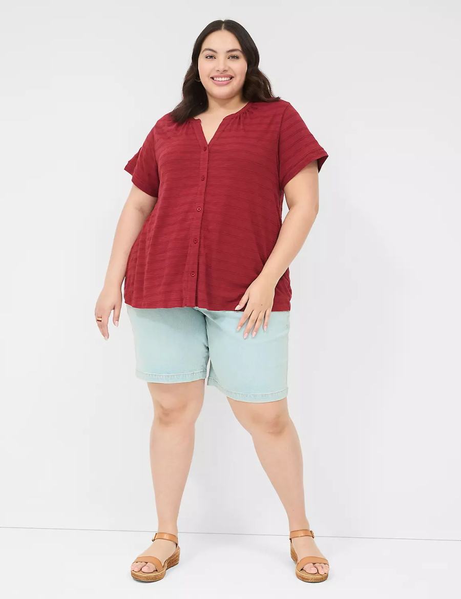 Women Lane Bryant Short-Sleeve Button-Down Top T Shirts Deep Red | CGF591FA