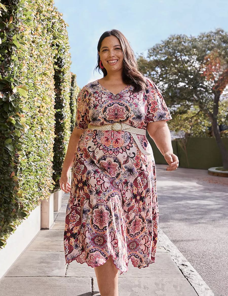 Women Lane Bryant Short-Sleeve Scallop-Hem Midi Dress Multicolor | YKU9590WL