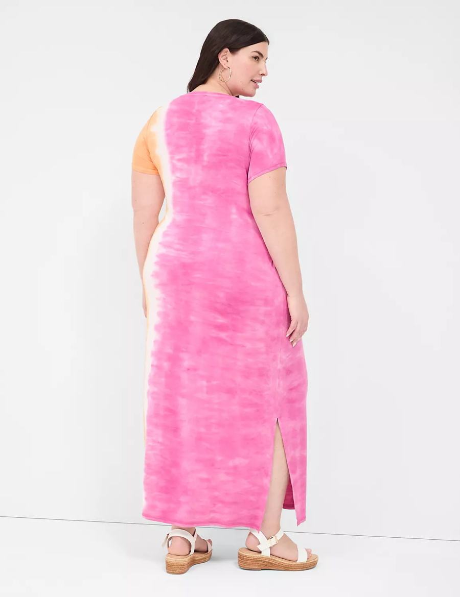 Women Lane Bryant Short-Sleeve Side-Slit Tie Dye Maxi Dress Pink Orange | ADI1324XZ