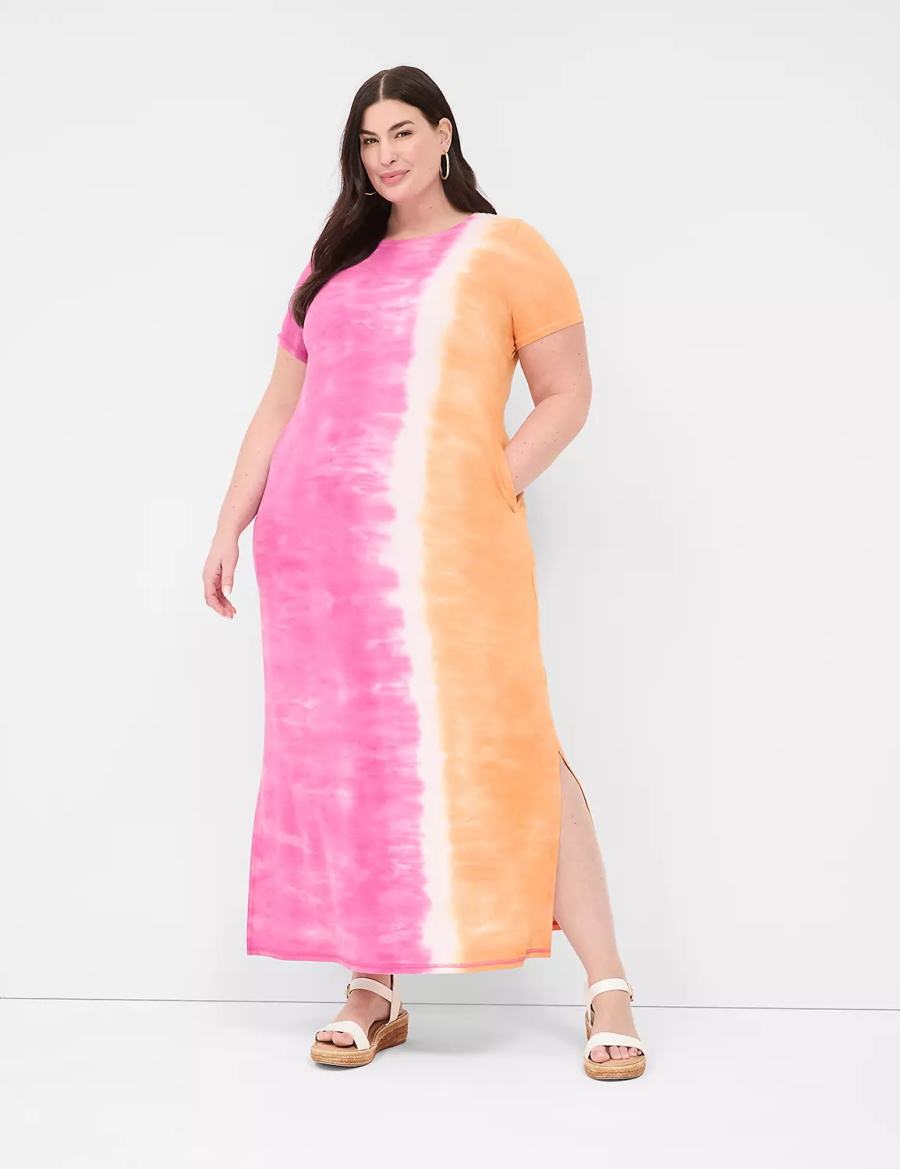 Women Lane Bryant Short-Sleeve Side-Slit Tie Dye Maxi Dress Pink Orange | ADI1324XZ