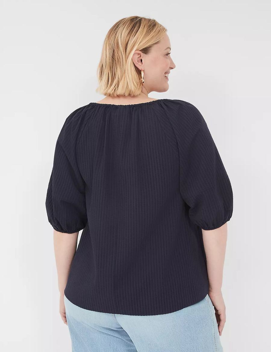 Women Lane Bryant Short-Sleeve Split-Neck Popover Blouse Blue | BEP371TP