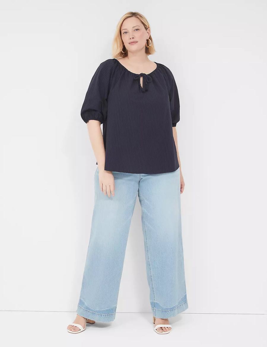Women Lane Bryant Short-Sleeve Split-Neck Popover Blouse Blue | BEP371TP