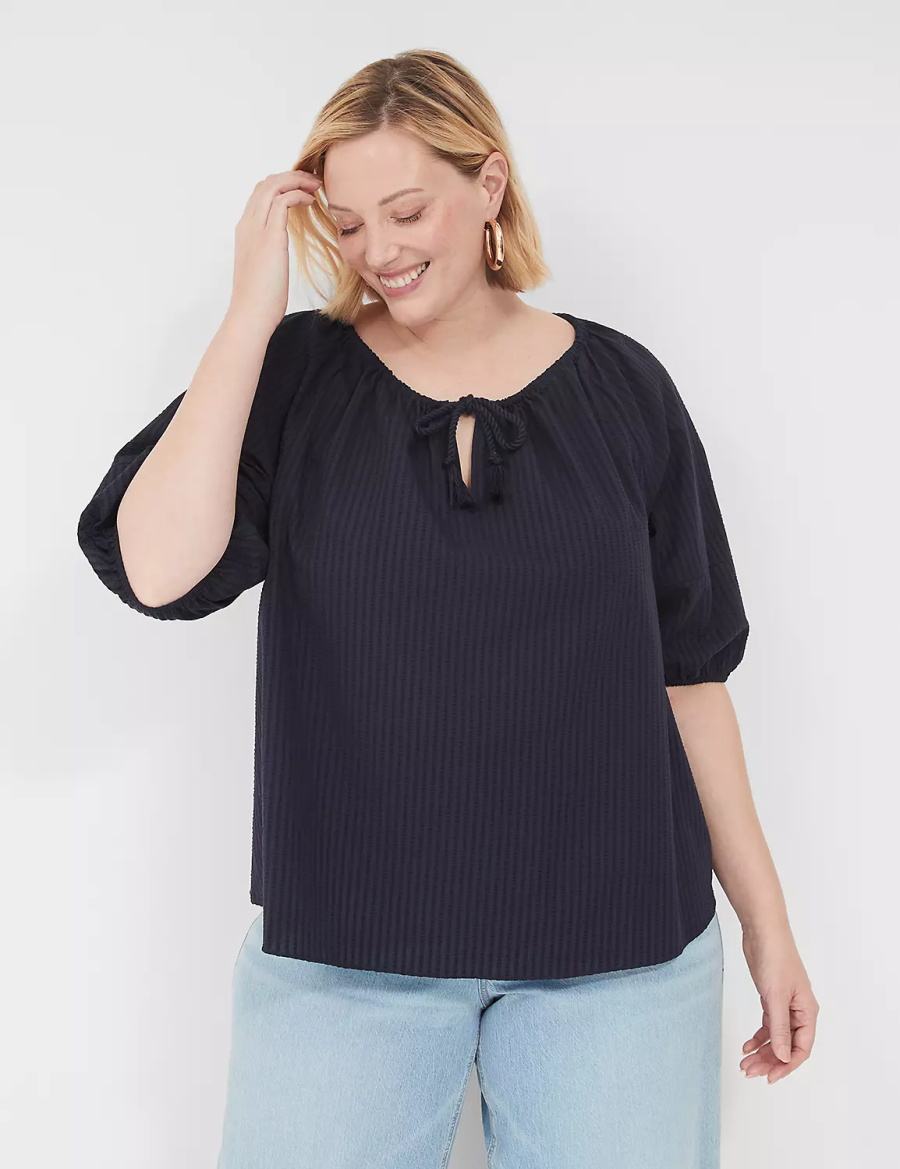Women Lane Bryant Short-Sleeve Split-Neck Popover Blouse Blue | BEP371TP