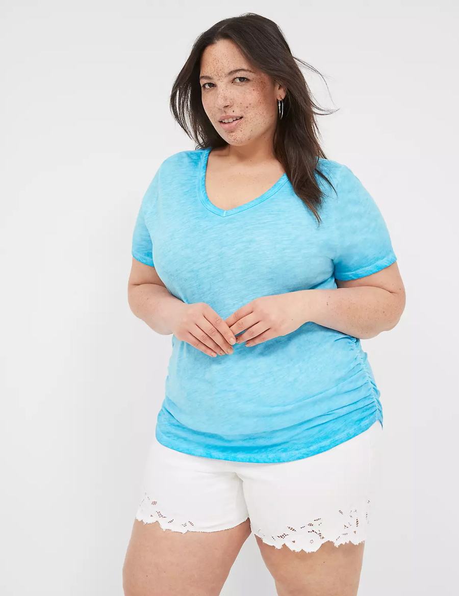 Women Lane Bryant Short-Sleeve V-Neck Side-Ruched Tee T Shirts Blue | WVF9249NE