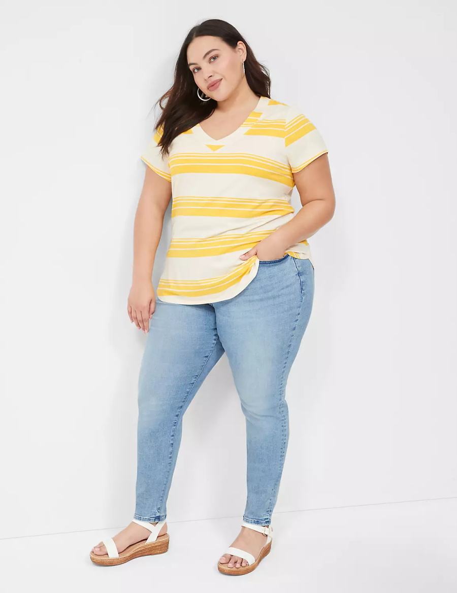 Women Lane Bryant Short Sleeve V-Neck Top T Shirts Yellow Stripes | GVH6311WC