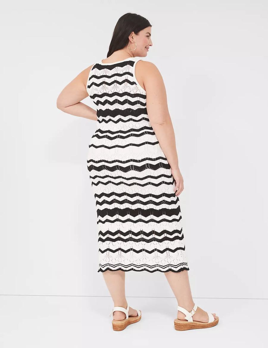 Women Lane Bryant Sleeveless Chevron Stripe Sweater Knitted Dress Black White Stripes | TQK5788EL
