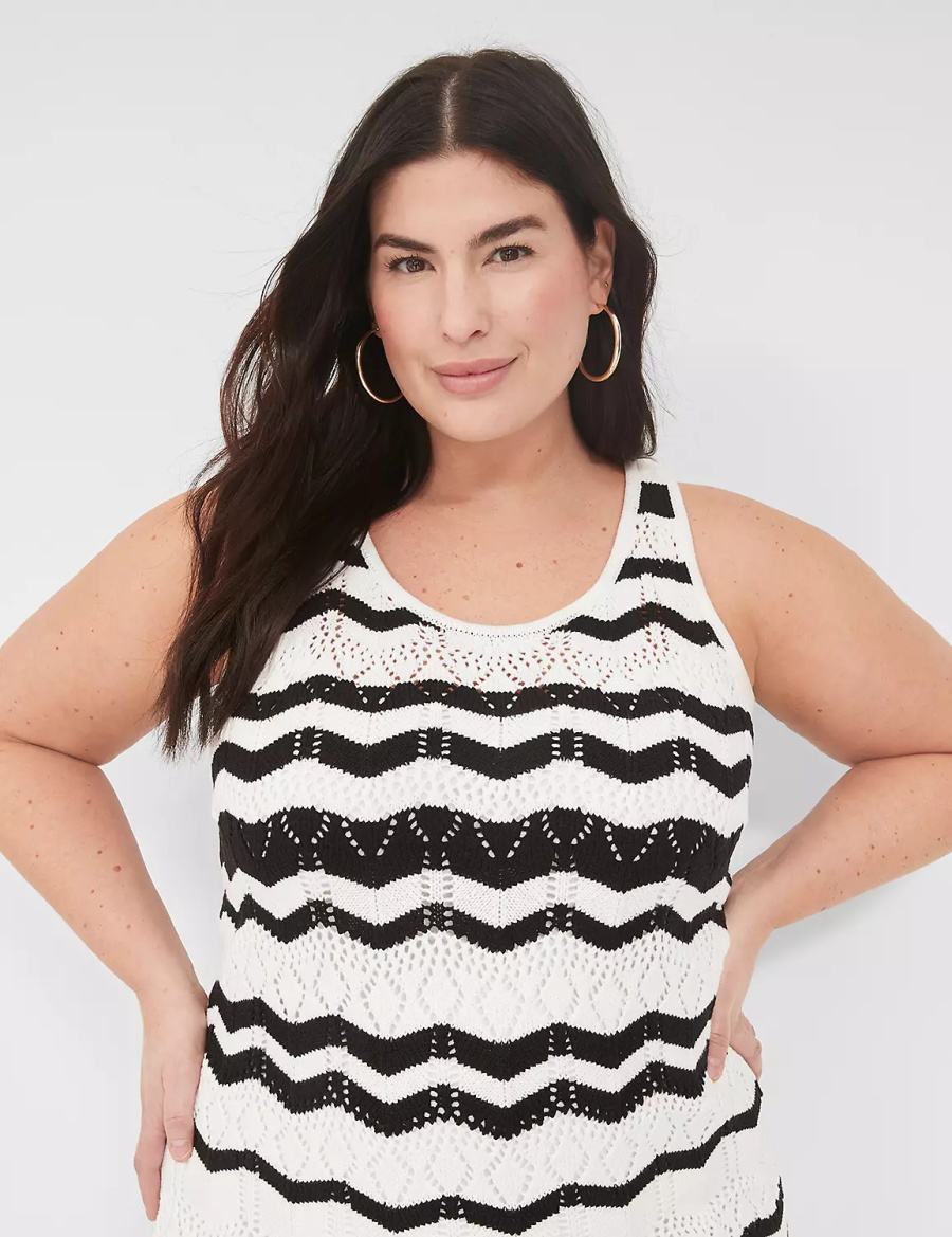 Women Lane Bryant Sleeveless Chevron Stripe Sweater Knitted Dress Black White Stripes | TQK5788EL