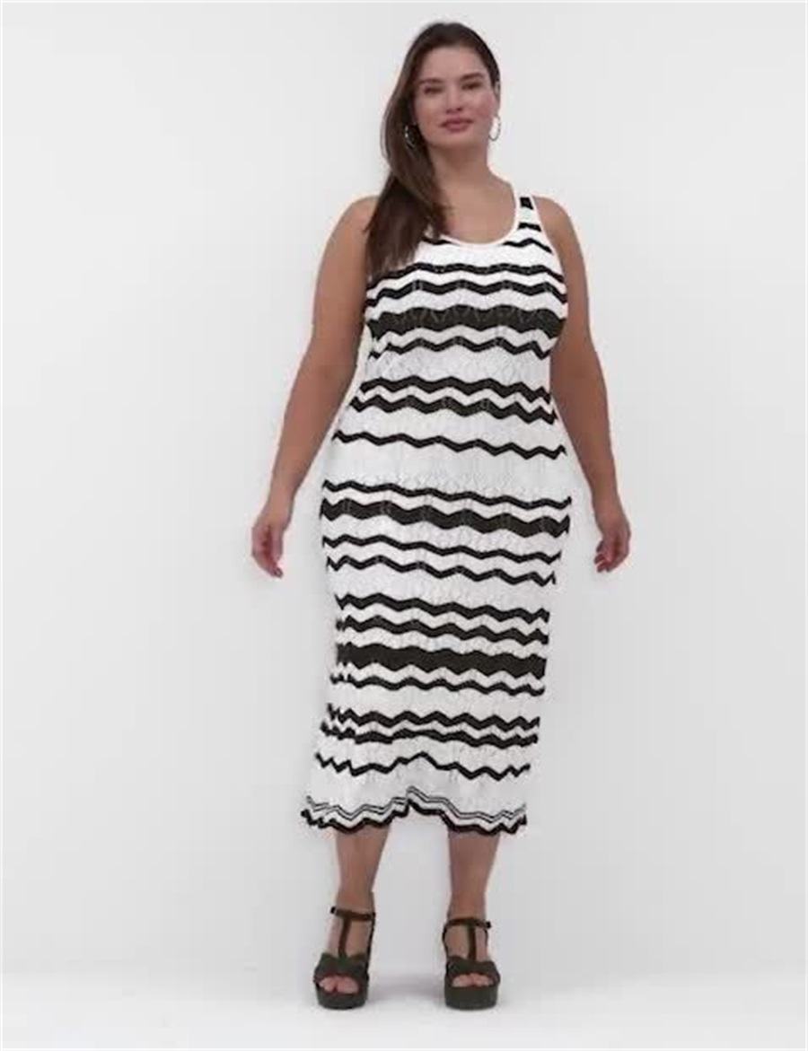 Women Lane Bryant Sleeveless Chevron Stripe Sweater Knitted Dress Black White Stripes | TQK5788EL