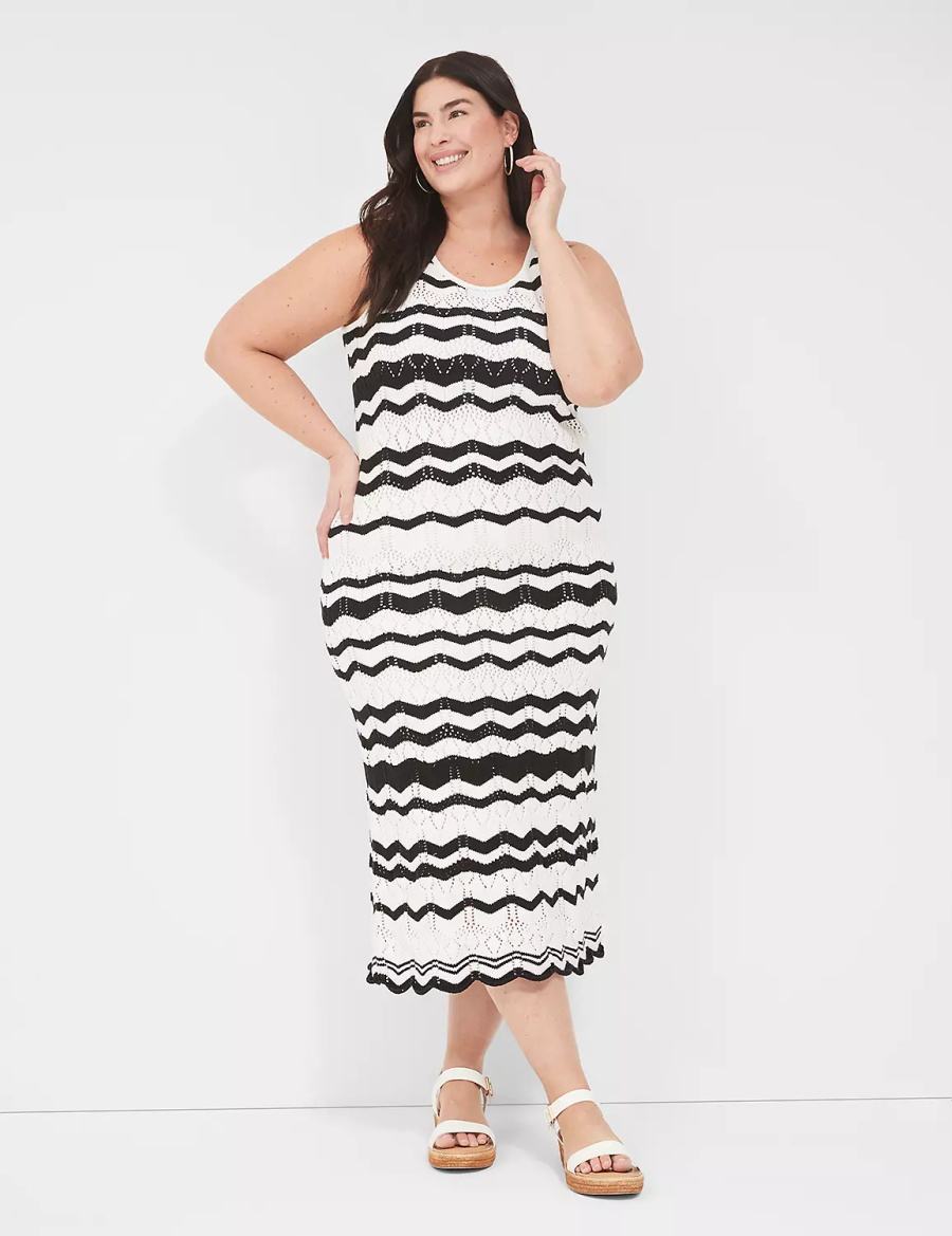 Women Lane Bryant Sleeveless Chevron Stripe Sweater Knitted Dress Black White Stripes | TQK5788EL