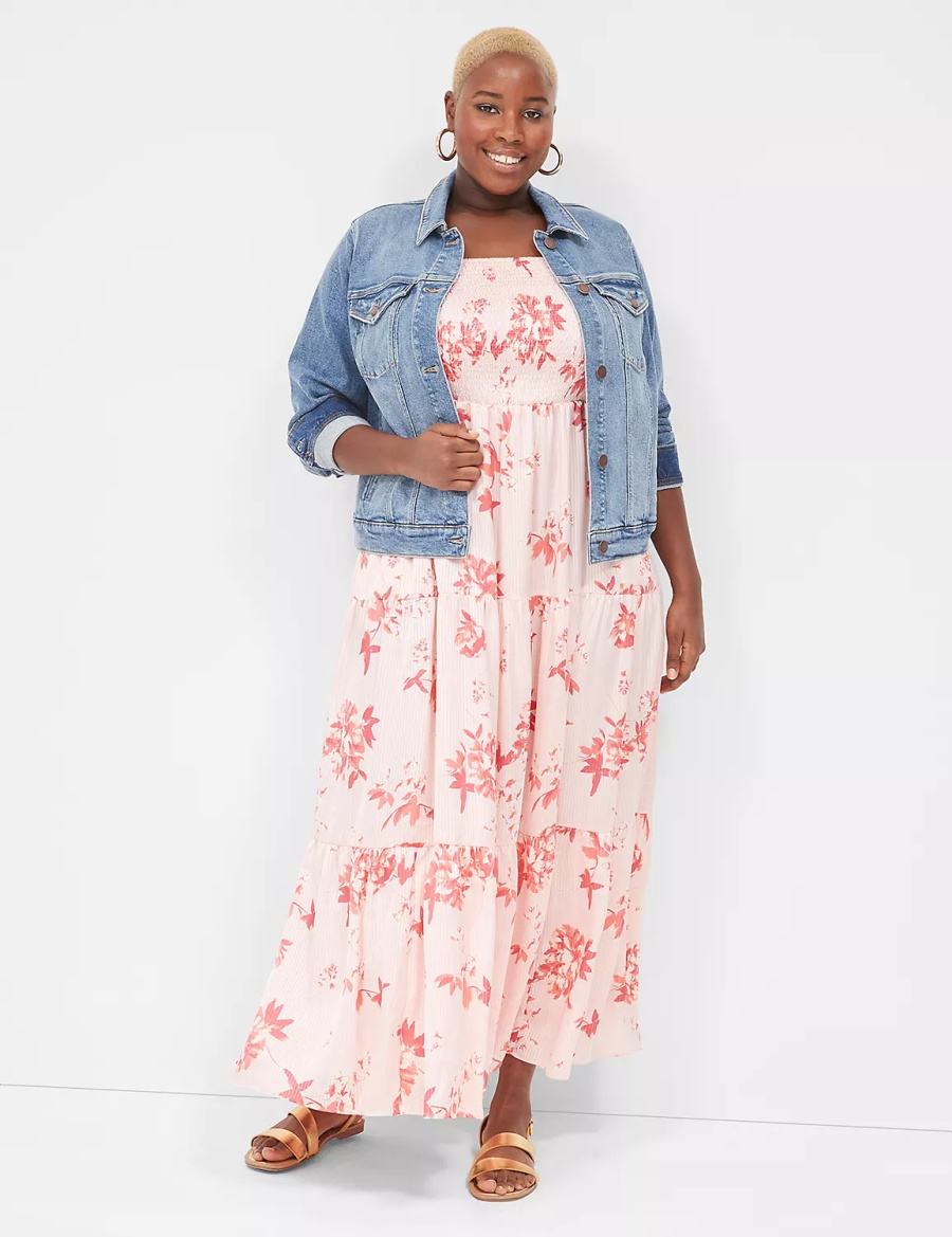 Women Lane Bryant Sleeveless Tiered Maxi Dress White Pink | LDU6286XL