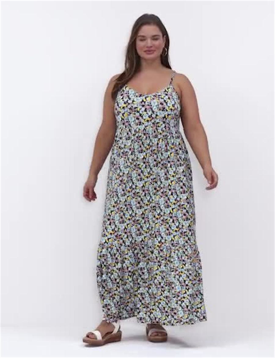Women Lane Bryant Sleeveless V-Neck Tiered Casual Dress Blue Multicolor | RAJ4327FL