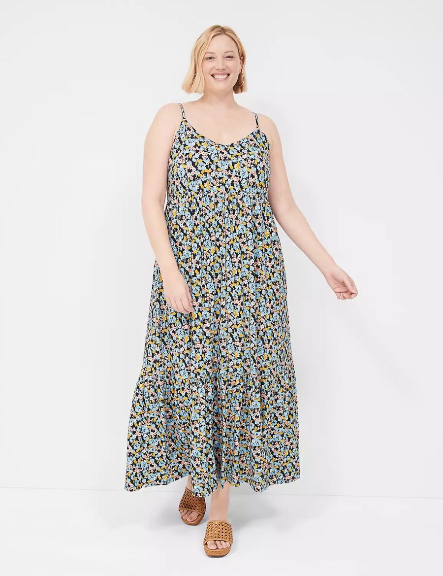 Women Lane Bryant Sleeveless V-Neck Tiered Casual Dress Blue Multicolor | RAJ4327FL