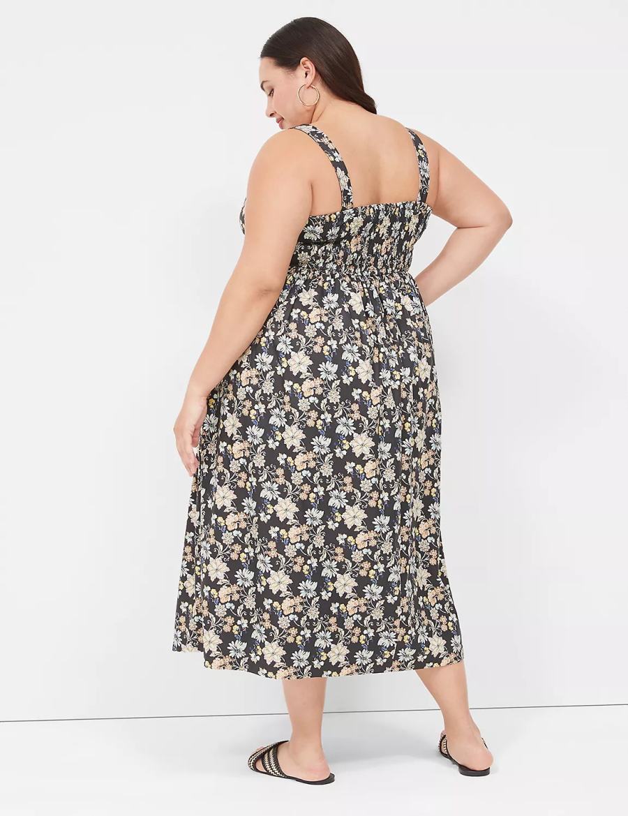 Women Lane Bryant Smocked-Back Pleated Midi Dress Yellow Black | ZXJ9759RF