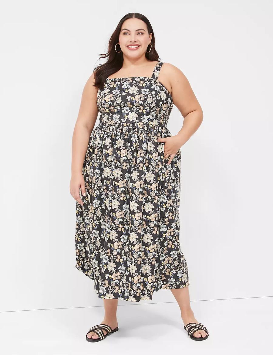 Women Lane Bryant Smocked-Back Pleated Midi Dress Yellow Black | ZXJ9759RF