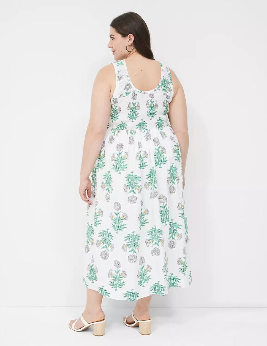 Women Lane Bryant Smocked-Bodice Midi Dress White Green | YQJ799QD