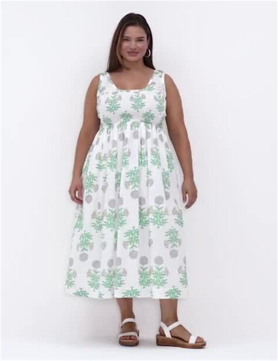 Women Lane Bryant Smocked-Bodice Midi Dress White Green | YQJ799QD