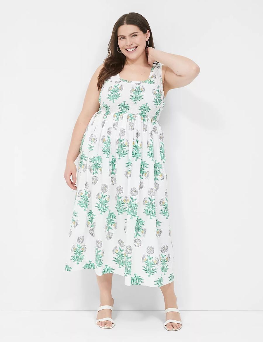 Women Lane Bryant Smocked-Bodice Midi Dress White Green | YQJ799QD