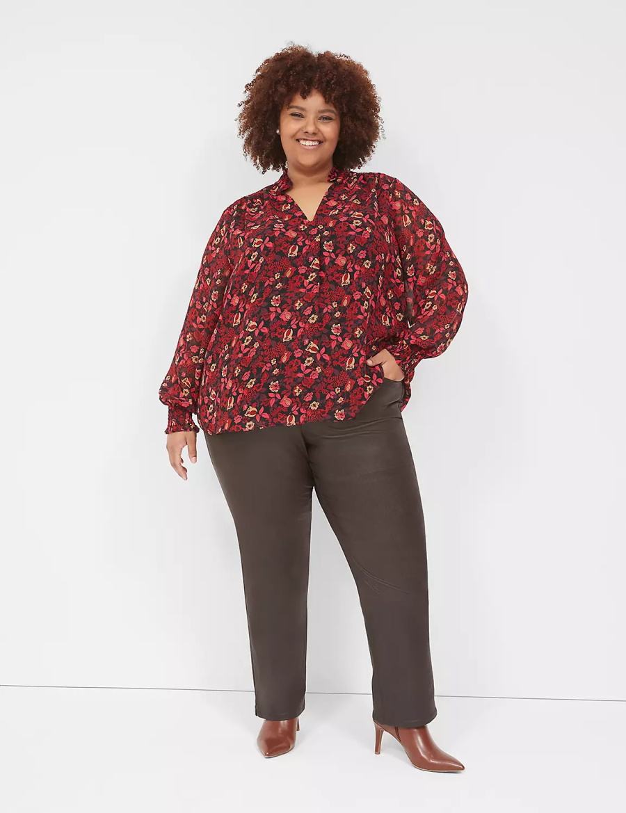 Women Lane Bryant Smocked-Shoulder Popover Blouse Red | DOQ5351FX