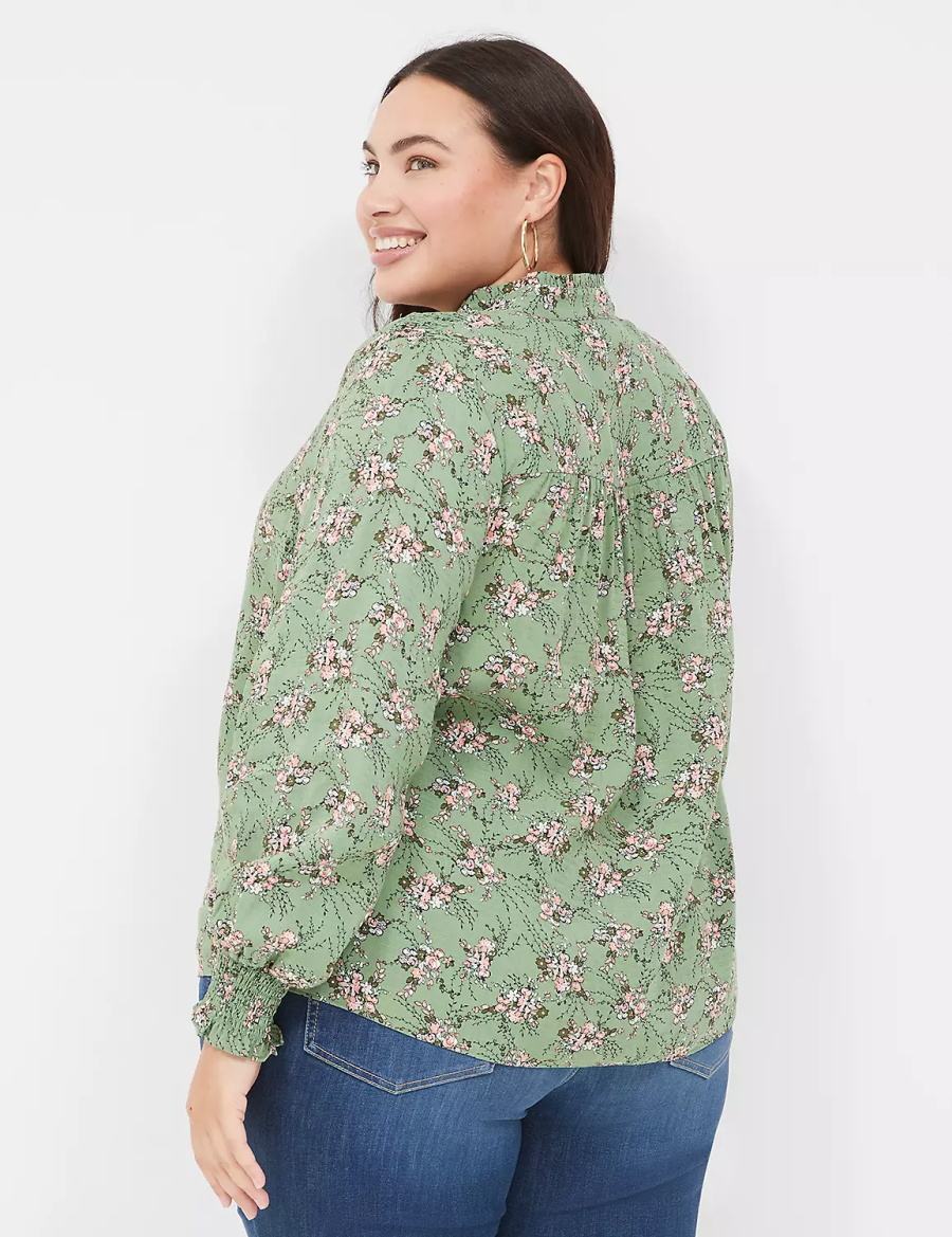 Women Lane Bryant Smocked Shoulder & Cuff Popover Blouse Green | HYS583GF