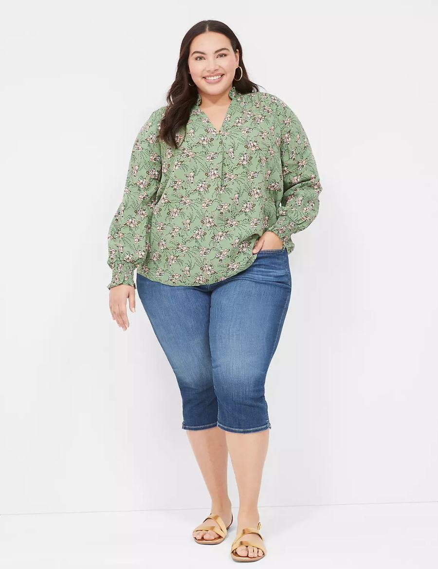 Women Lane Bryant Smocked Shoulder & Cuff Popover Blouse Green | HYS583GF