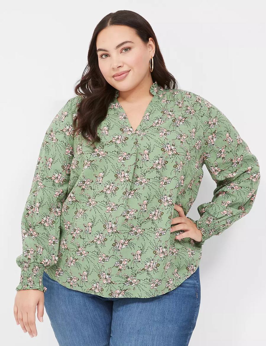 Women Lane Bryant Smocked Shoulder & Cuff Popover Blouse Green | HYS583GF