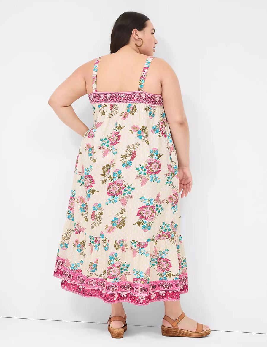 Women Lane Bryant Smocked Square-Neck Maxi Dress White Multicolor | AWC2555DI