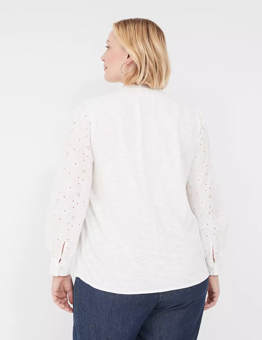 Women Lane Bryant Split-Neck Eyelet & Knit Blouse White | HKJ6063IH