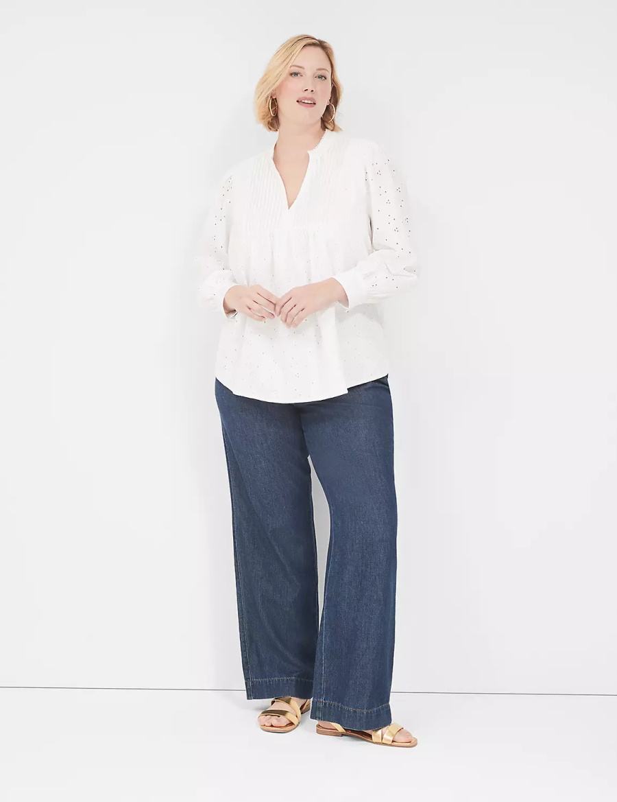 Women Lane Bryant Split-Neck Eyelet & Knit Blouse White | HKJ6063IH