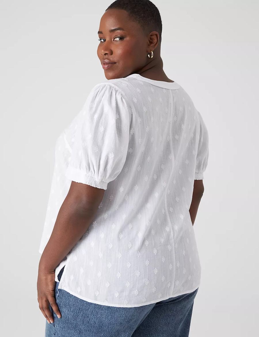 Women Lane Bryant Split-Neck Jacquard Popover Blouse White | PHU9362VV