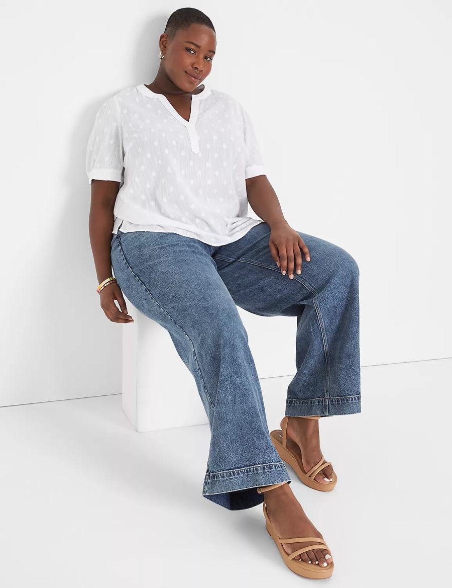 Women Lane Bryant Split-Neck Jacquard Popover Blouse White | PHU9362VV
